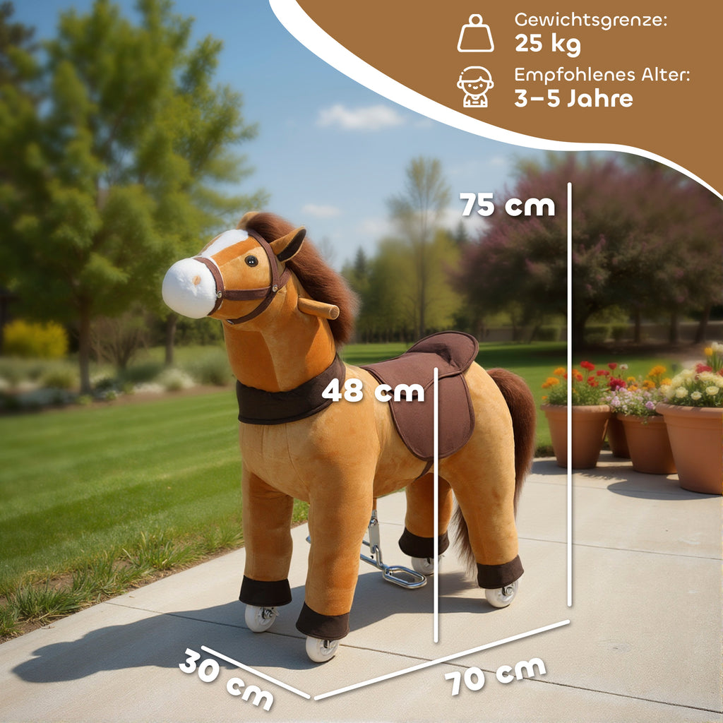 Ride On Horse, Plush Walking Horse Toy with Wheels and Saddle for Ages 3-5 Years Old, Brown