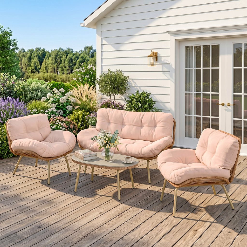 Gartenmöbel Set 4-teilig Polyrattan Lounge-Set mit Zweisitzer 2 Sessel Tisch Tiefem Sitz Dicke Kissen