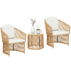 Rattan-Bistro-Set, 3-teiliges Gartenmöbel-Set mit rundem Glastisch, Sesseln und Kissen, Cremeweiß