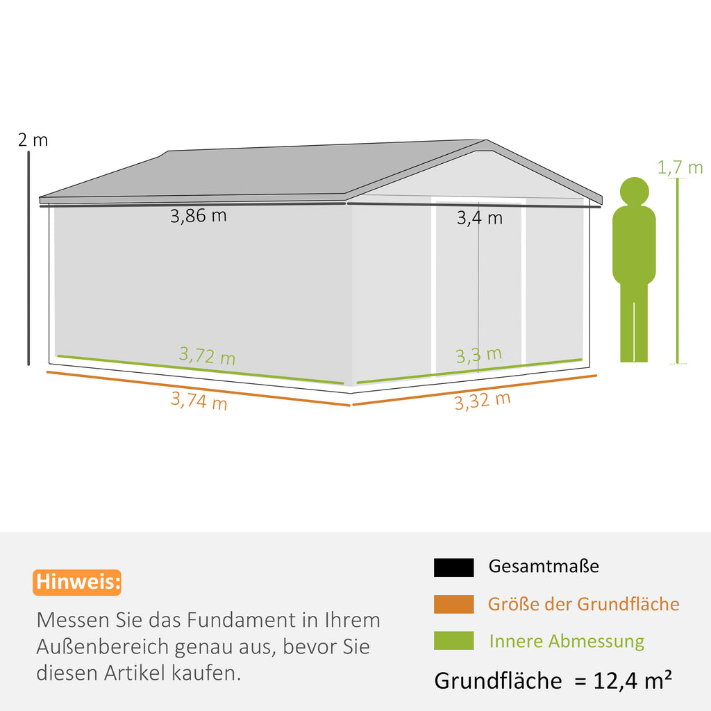 Geräteschuppen, Wetterfestes Gartenhaus für Gartengeräte, mit Belüftungsfenstern, Schiebetüren, Stahl, Kohlegrau