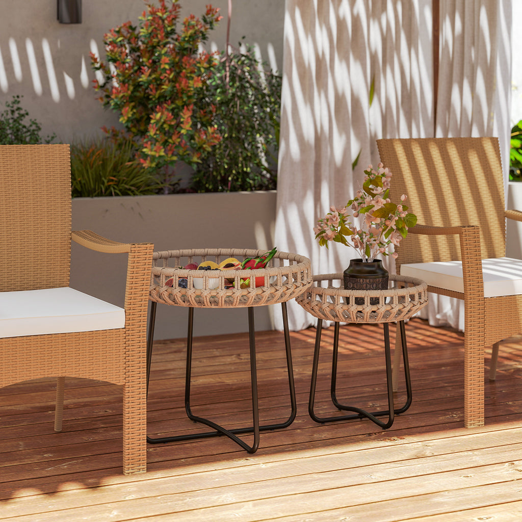2er Set Beistelltisch Polyrattan ?60/41 cm rund wetterfest Gartentisch mit X-Beine Verstellbare Fu?pads Braun