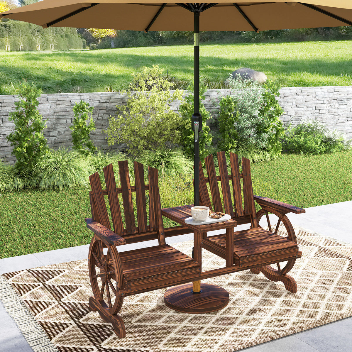 2-Sitzer Gartenbank Holz, wetterfest Sitzbank, mit Schirmloch, Beine im Wagenradform 154 x 65 x 102 cm Verkohlt