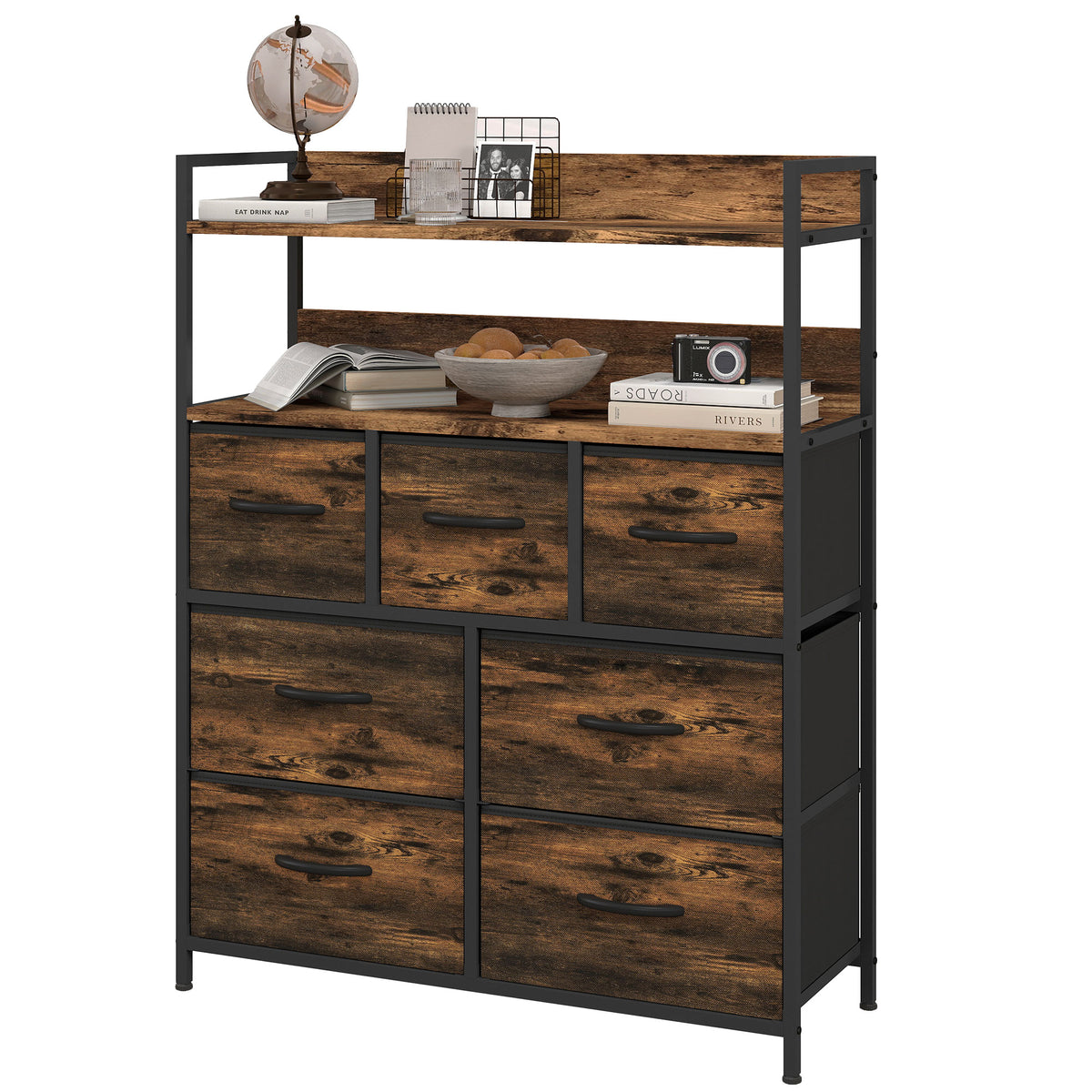 Rustic Chest of Seven Fabric Drawers - Rustic Brown