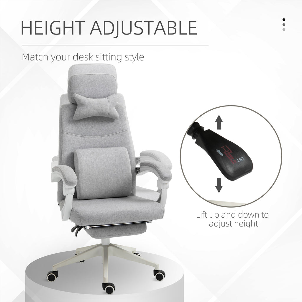Bürostuhl, Ergonomischer Schreibtischstuhl mit Kopfkissen, Lendenkissen, höhenverstellbar Gamingstuhl mit Fußstütze, hoher Rückenlehne, Grau 62 x 68 x 117-127 cm