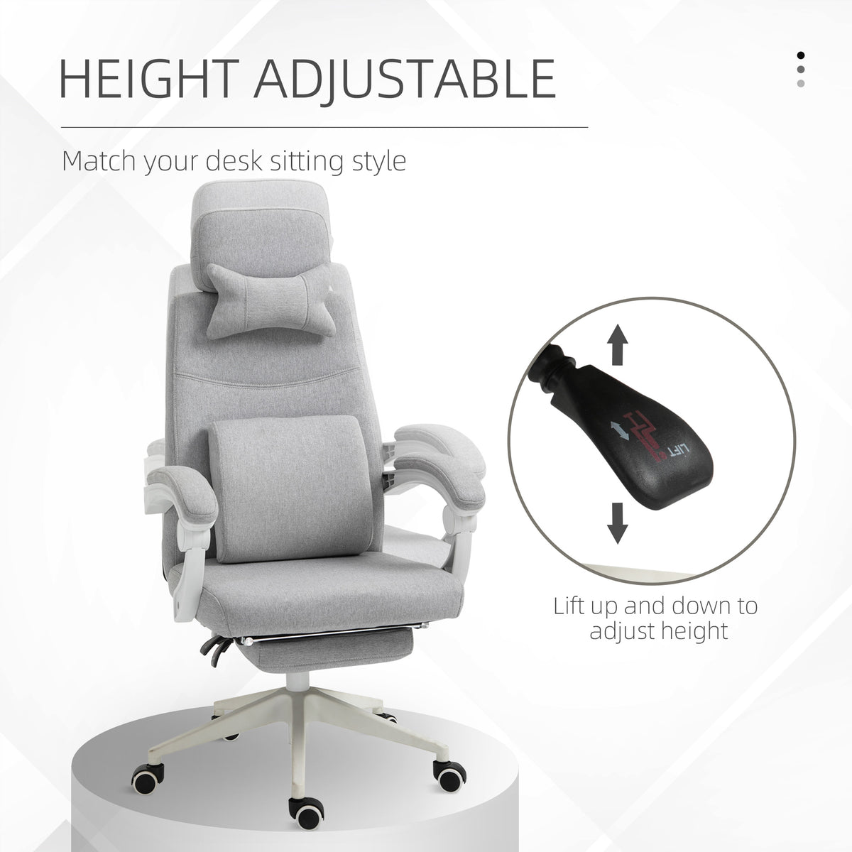 Bürostuhl, Ergonomischer Schreibtischstuhl mit Kopfkissen, Lendenkissen, höhenverstellbar Gamingstuhl mit Fußstütze, hoher Rückenlehne, Grau 62 x 68 x 117-127 cm