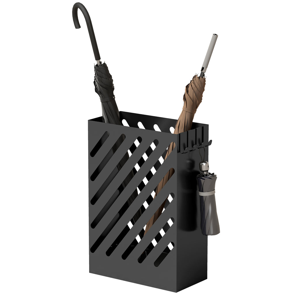 Regenschirmständer mit Tropfschale, 4 Haken, Stahl, 28L x 14B x 41H cm, Schwarz