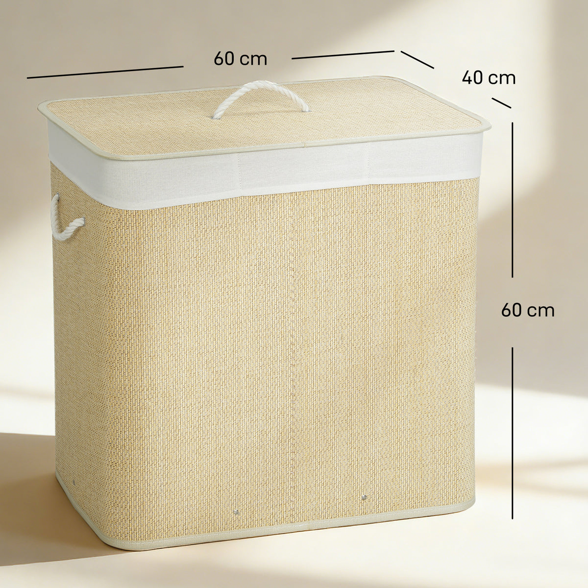 3 Section Laundry Basket with Lid, 144L Bamboo Laundry Hamper with Handles, Removable and Washable Liner, Cream White