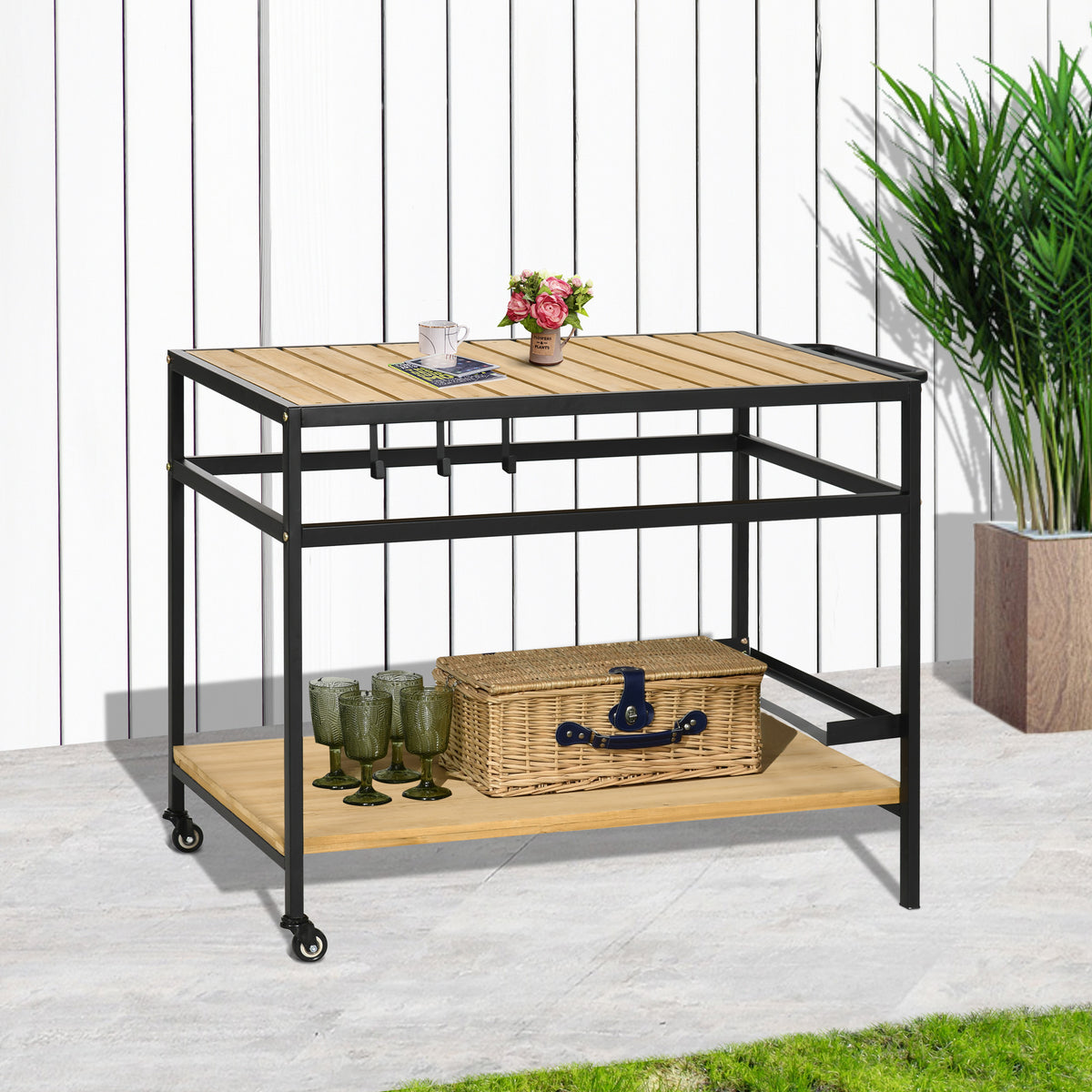 Servierwagen im Industrie-Design, wetterbest?ndig, 3 Haken, 1 Regal,107 cm x 65 cm x 80 cm, Schwarz +Natur