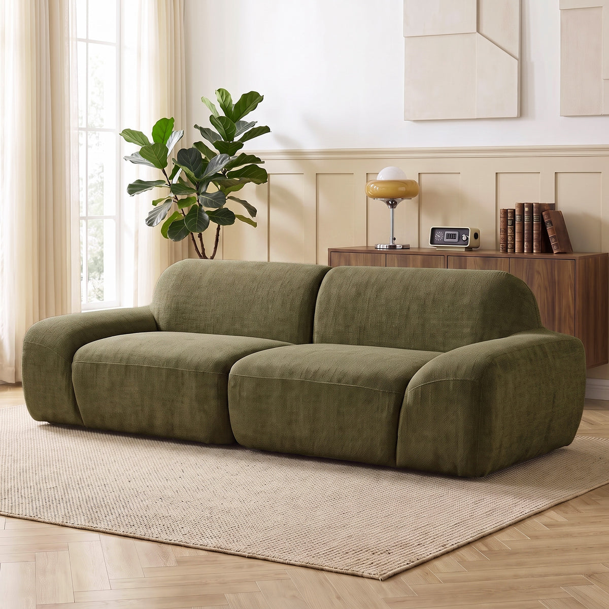 3-Sitzer-Sofa, abgerundet und rahmenlos, mit großzügiger Sitzfläche, dick gepolstert, keine Montage, Dunkelgrün