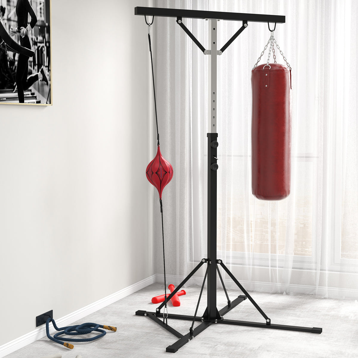 Boxsackständer, höhenverstellbar, mit Speedball, Metallrahmen, 160L x 145B x 175-220H cm, Schwarz