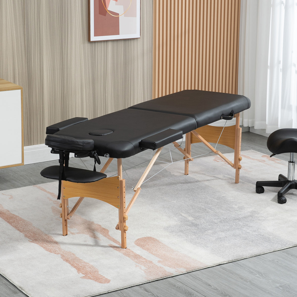 Portable Massage Bed, Folding Spa Beauty Massage Table with 2 Sections, Carry Bag and Wooden Frame, Black