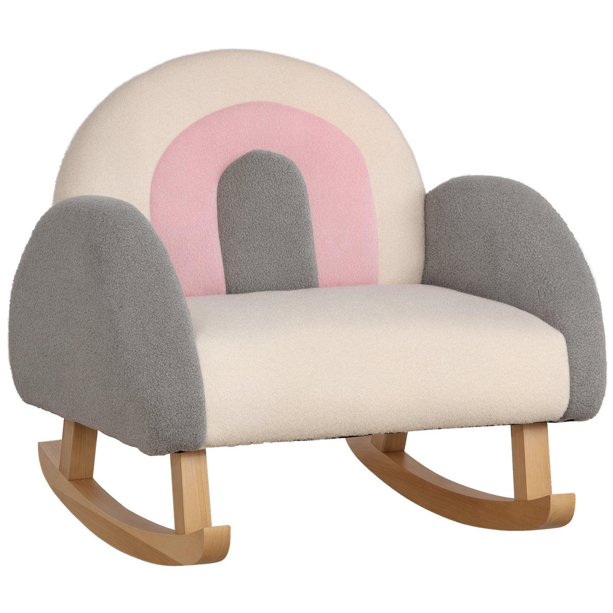 Schaukelstuhl für Kleinkinder, niedliches Design, Schaffell-Imitat, Eukalyptusholz, 50 x 45 x 44cm, grau+rosa+creme