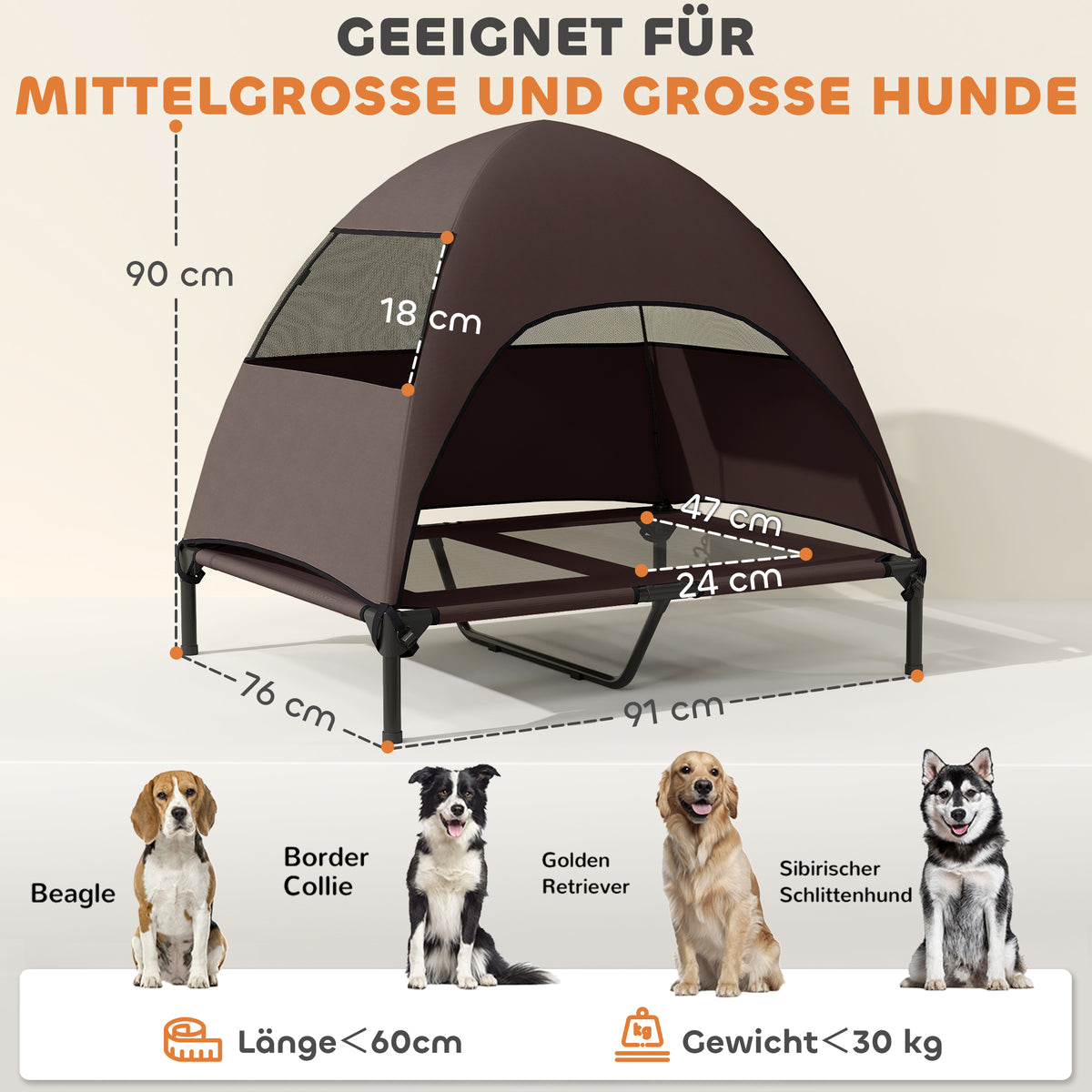 Hundeliege Outdoor mit Dach, Erh?htes Hundebett f¨¹r Gro?e Hunde, 91 x 76 x 90 cm, Kaffee