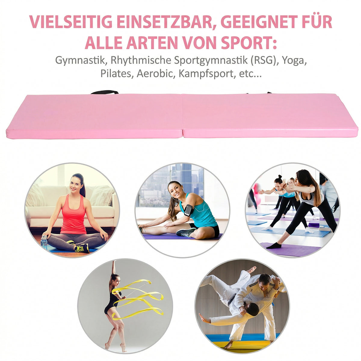 HOMCOM Trainingsmatte Faltbare Fitnessmatte mit Griffen Rosa 180x60x5 cm