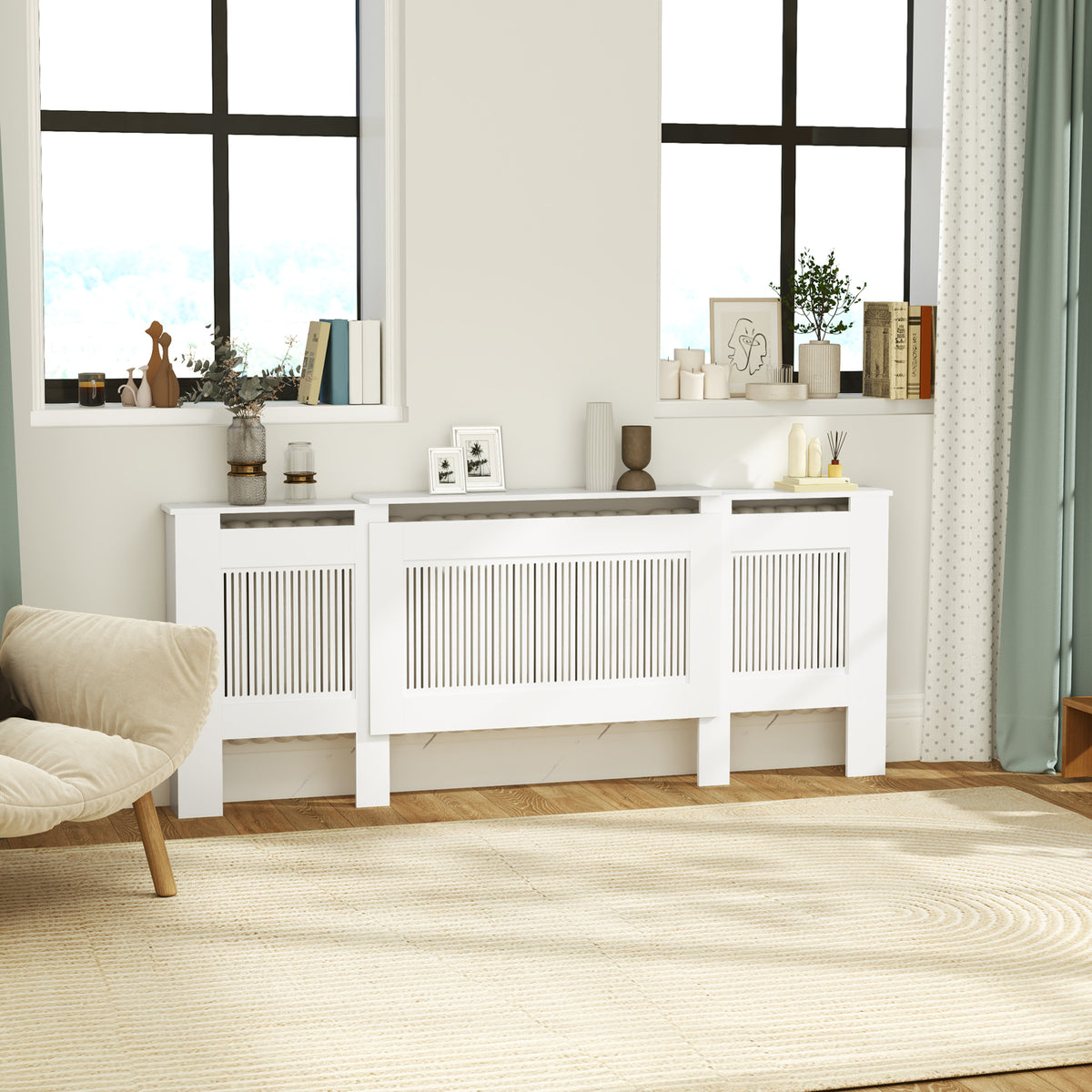 Heizk?rperverkleidung, Lamellendesign, verstellbare L?nge 125-201 cm, MDF, Wei?