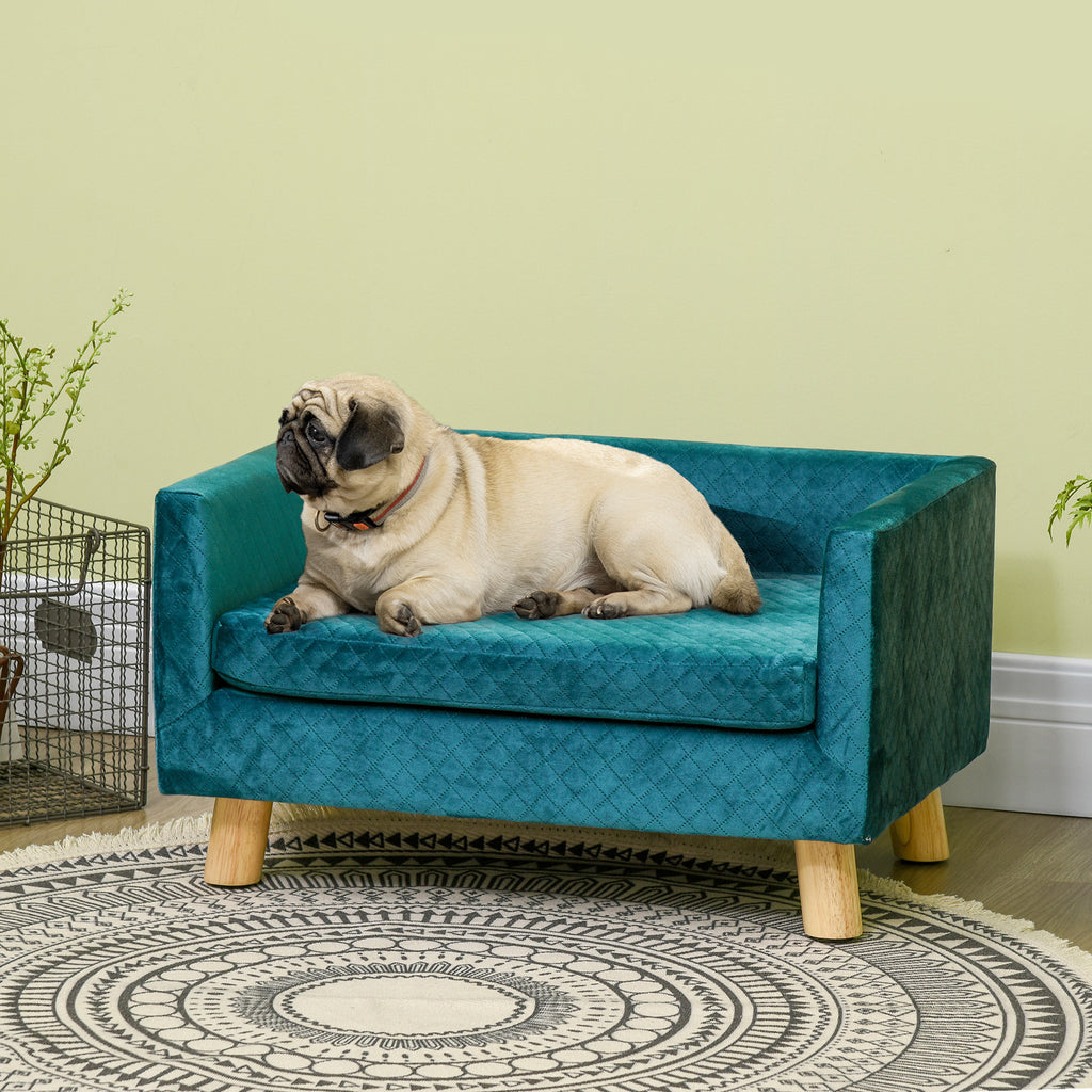 Hundesofa Hundebett Hundecouch aus Samt mit Rückenlehne, Holzbeine, Kissen, bis zu 8 kg 64 x 45 x 36 cm Blau