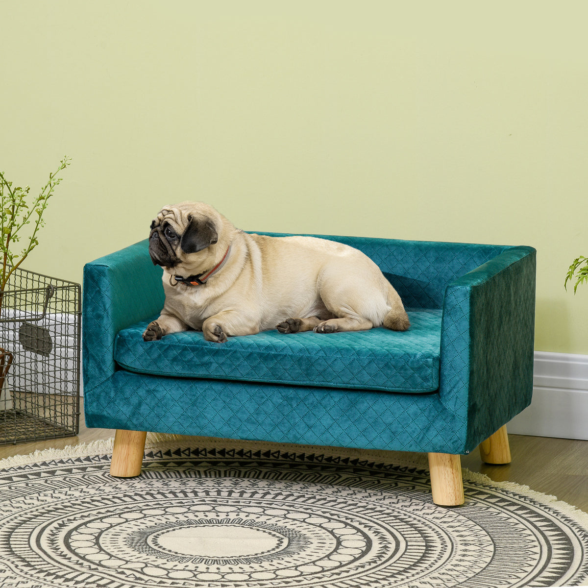 Hundesofa Hundebett Hundecouch aus Samt mit Rückenlehne, Holzbeine, Kissen, bis zu 8 kg 64 x 45 x 36 cm Blau