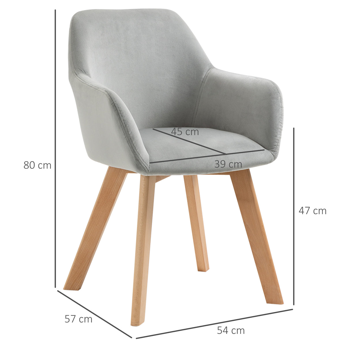 2er-Set Stühle, Esszimmerstühle, Samtoptik, Holzbeine, 54 cm x 57 cm x 80 cm, Grau + Natur
