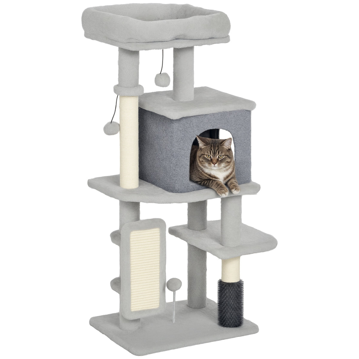Kratzbaum 104 cm Katzenbaum mit Katzenhöhle Bett Sisal-Kratzsäulen Kratzbrett Plüschbälle für Katzen bis 5 kg Hellgrau