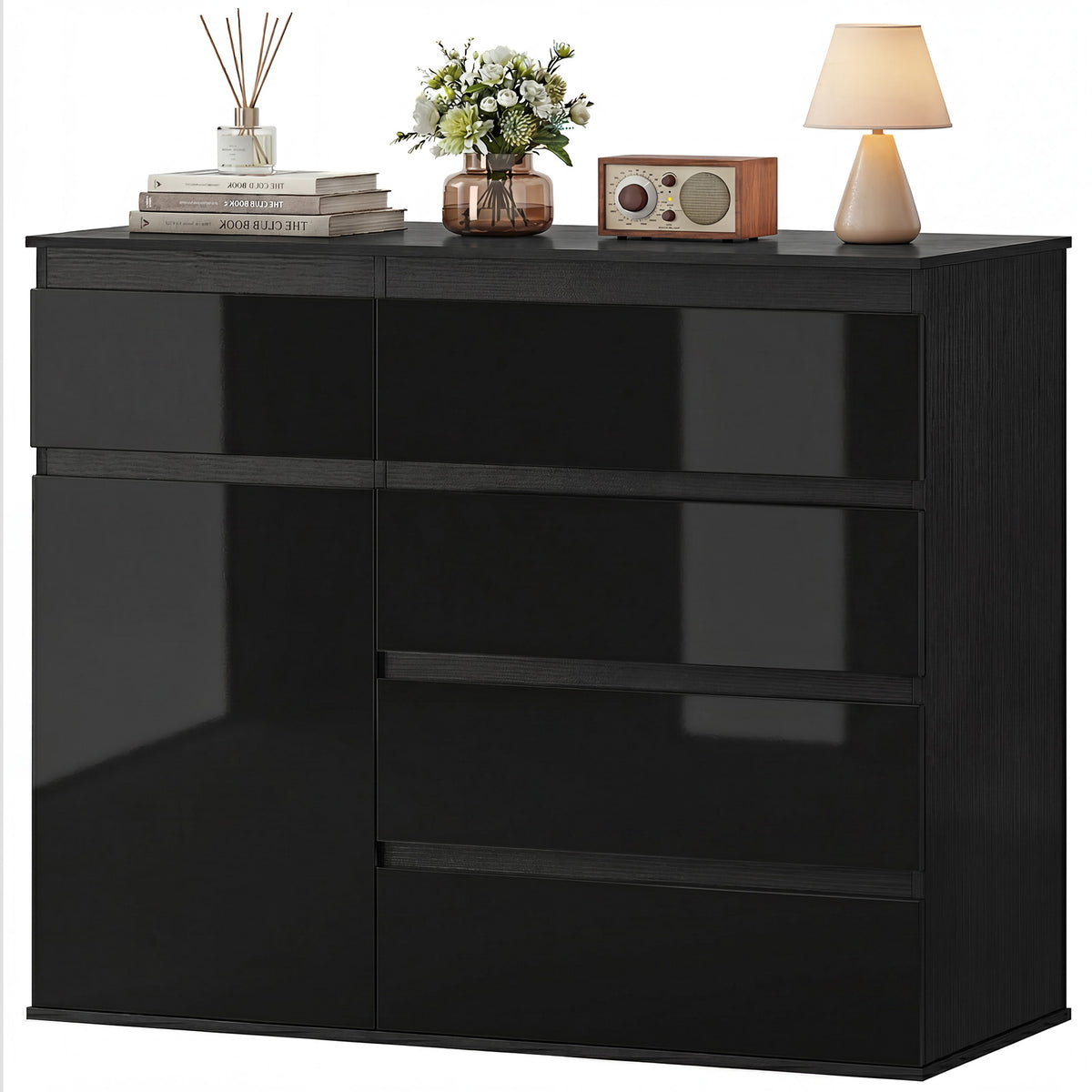 Modernes Sideboard, Stauraum-Sideboard mit 5 Schubladen, verstellbarem Regal, Soft-Close-Tür, Schwarz Hochglanz