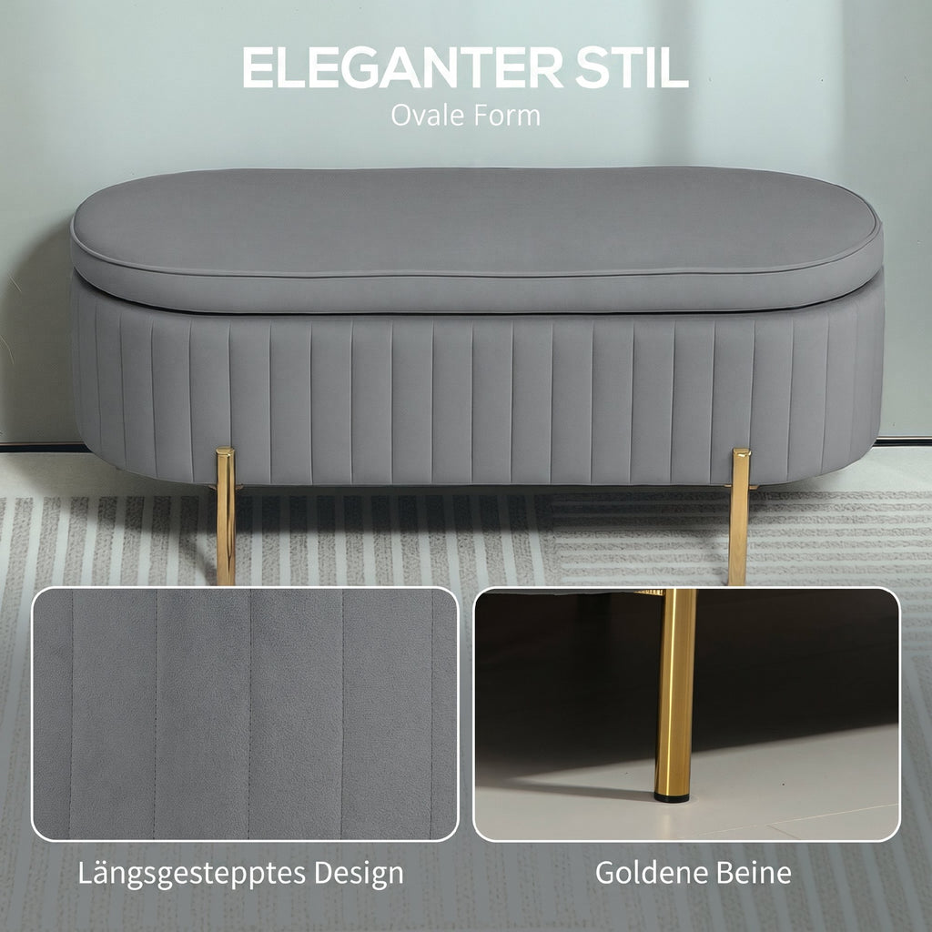 Sitzbank mit Klappdeckel und Stauraum, Stoffbezug, Holz, Metall, Grau+Goldfarben