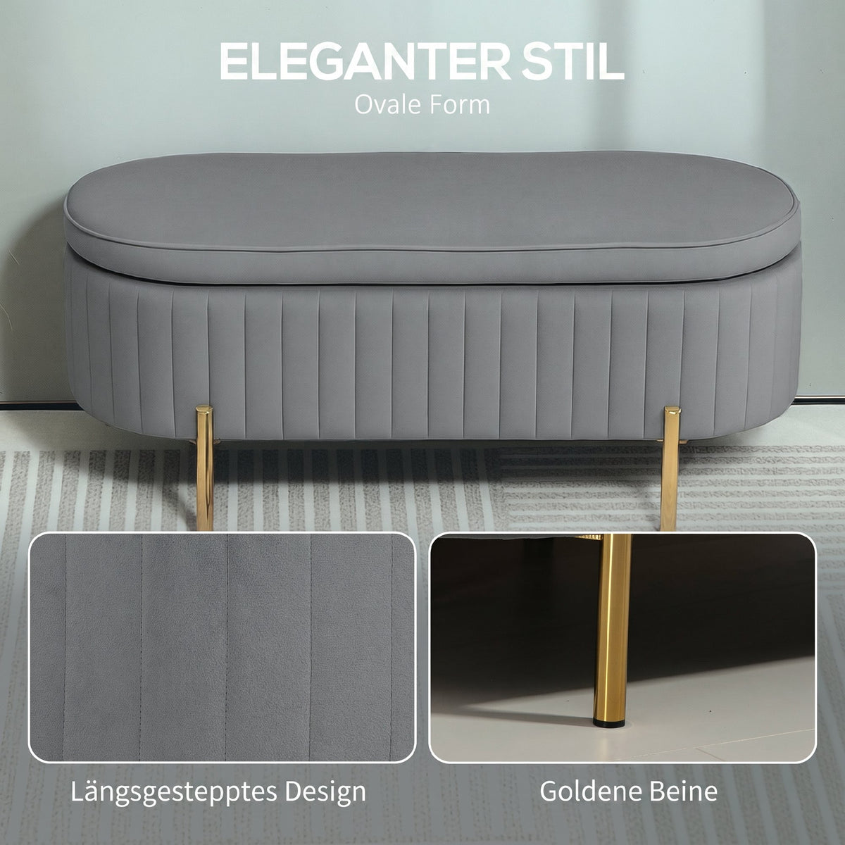 Sitzbank mit Klappdeckel und Stauraum, Stoffbezug, Holz, Metall, Grau+Goldfarben