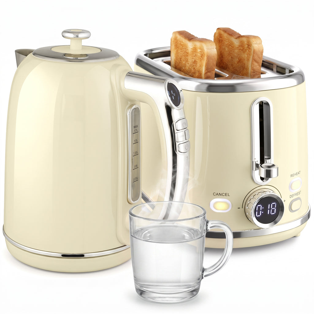 Wasserkocher- und Toaster-Set mit LED-Display, 1,7-L-Wasserkocher mit 3 Std. Warmhaltefunktion, Creme