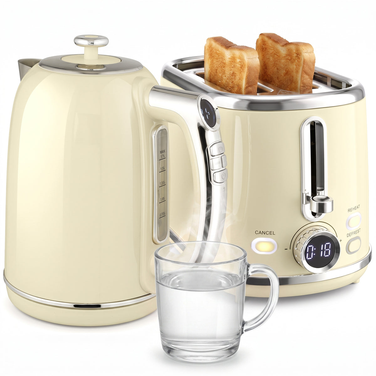 Wasserkocher- und Toaster-Set mit LED-Display, 1,7-L-Wasserkocher mit 3 Std. Warmhaltefunktion, Creme