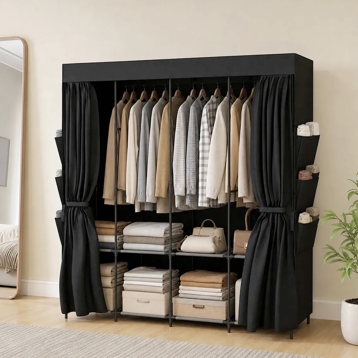 Stoff-Kleiderschrank, staubdicht, tragbar, 5 Kleiderstangen, 170 x 45 x 167 cm, Schwarz