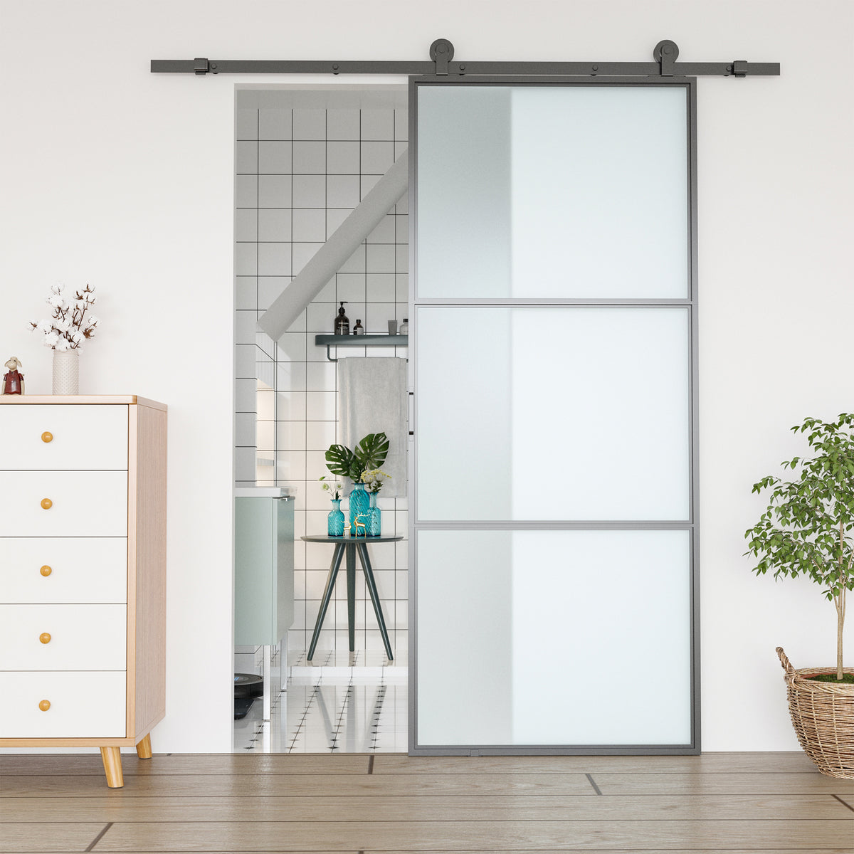 Schiebet¨¹r-Kit, Kohlenstoffstahl, Installations-Set ohne T¨¹r, platzsparend, Schwarz