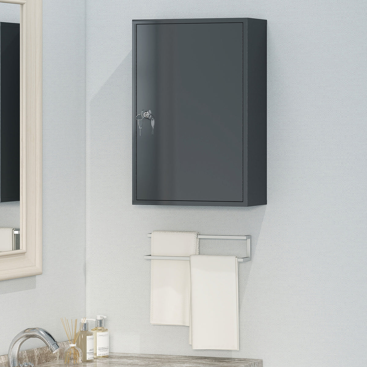 Wand-Medizinschrank, Badezimmerschrank mit 3 Regalböden, 2 Schlüsseln, 40 x 18 x 60 cm, Grau