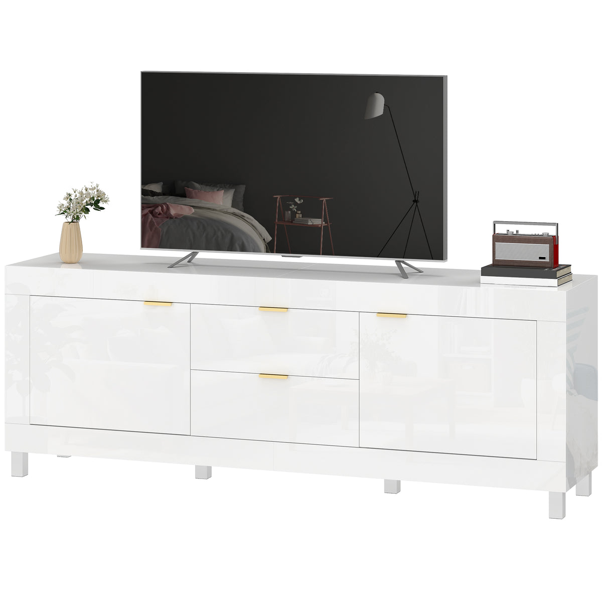TV-Schrank für Fernseher bis zu 75 Zoll, modernes Entertainment-Center mit 2 Schränken und 2 Schubladen, Hochglanz Weiß