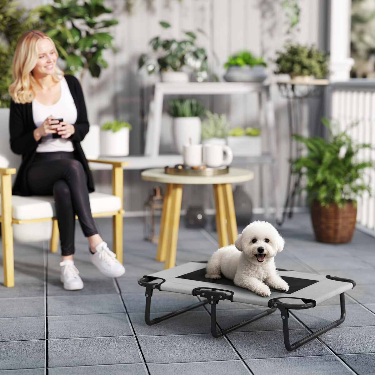 Portable Raised Dog Bed, Elevated Pet Cot with Breathable Mesh for Indoor Outdoor, for Small Medium Dogs, Light Grey