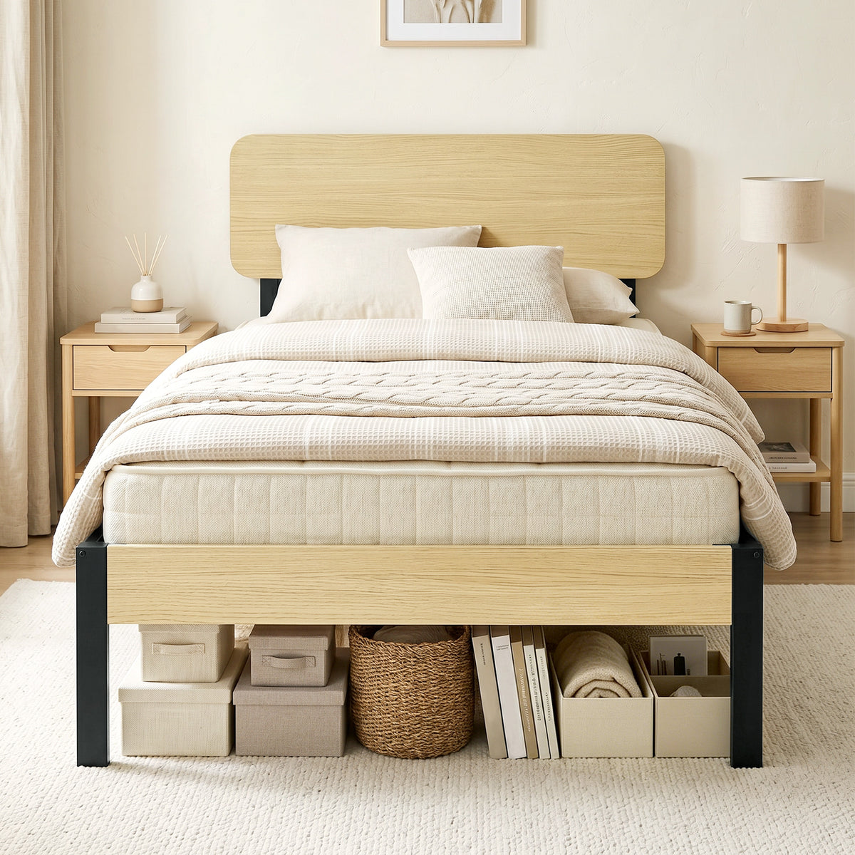 Bettgestell 90 x 200 cm mit Kopfteil, Plattformbett, Einzelbett mit Stauraum unter dem Bett