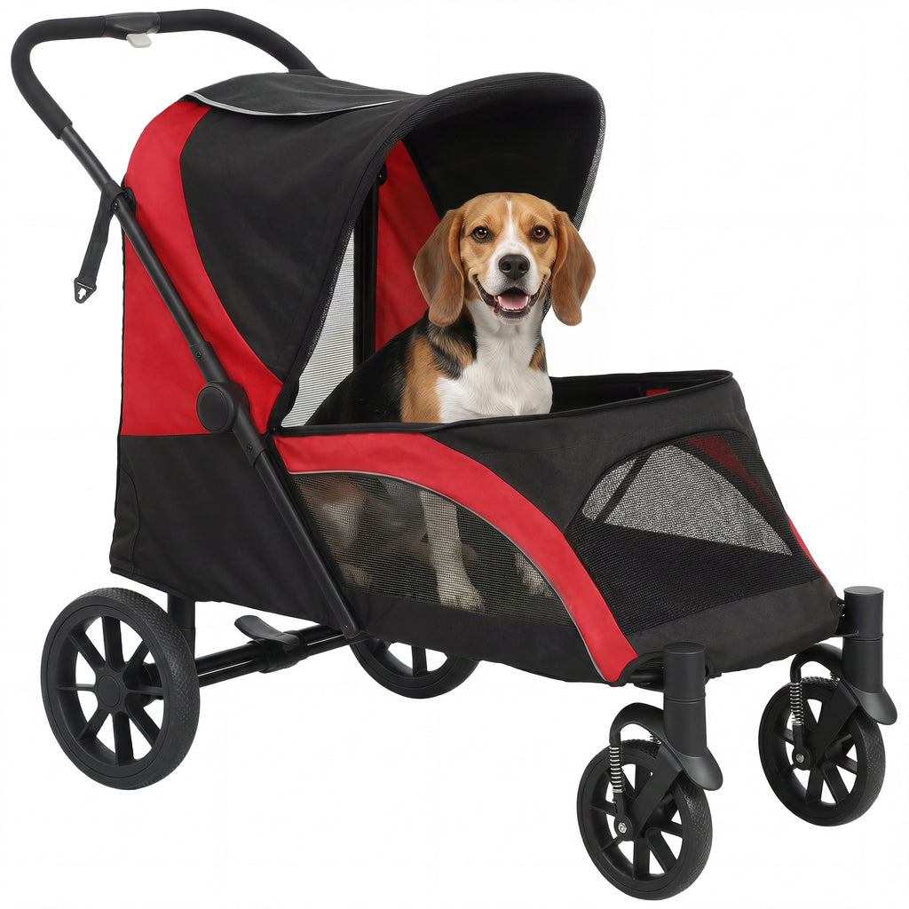 Foldable Pet Stroller for Medium Dogs with Four Big Wheels, Shock-Absorbing Frame, Safety Leashes, Brakes, Red/Black