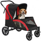 Foldable Pet Stroller for Medium Dogs with Four Big Wheels, Shock-Absorbing Frame, Safety Leashes, Brakes, Red/Black