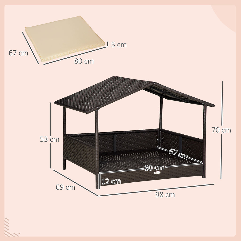 Wicker Dog Bed, Elevated Rattan Dog House with Removable Cushion and Canopy, for Small and Medium Dogs, 98 x 69 x 70cm - Cream
