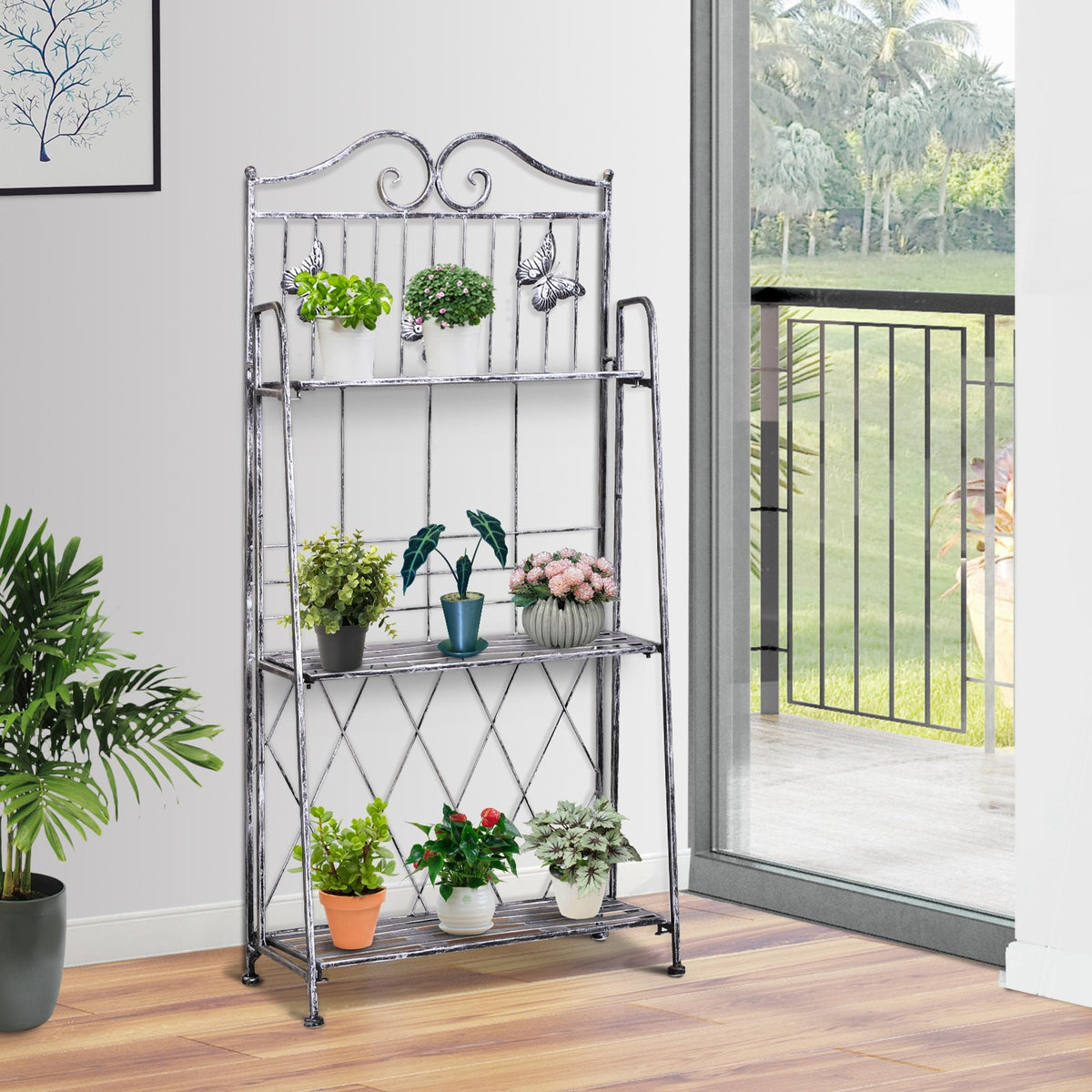  3 Tier Plant Stand Indoor Outdoor, Metal Plant Shelf Flower Display Rack for Potted Plants Garden Balcony Decor, 44 x 25 x 96 cm