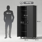 Metal Storage Cabinet, 180 cm Tall Lockable Steel Tool Cabinet with Removable Wheels and Adjustable Shelves, Black