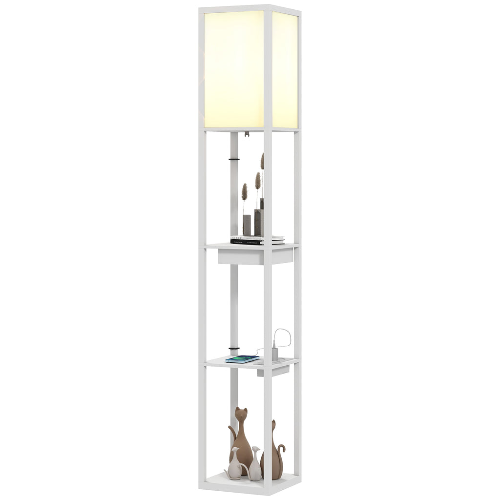 Stehlampe mit 3-stufigem Regal, Fußschalter, USB-Anschlüssen, MDF, Weiß