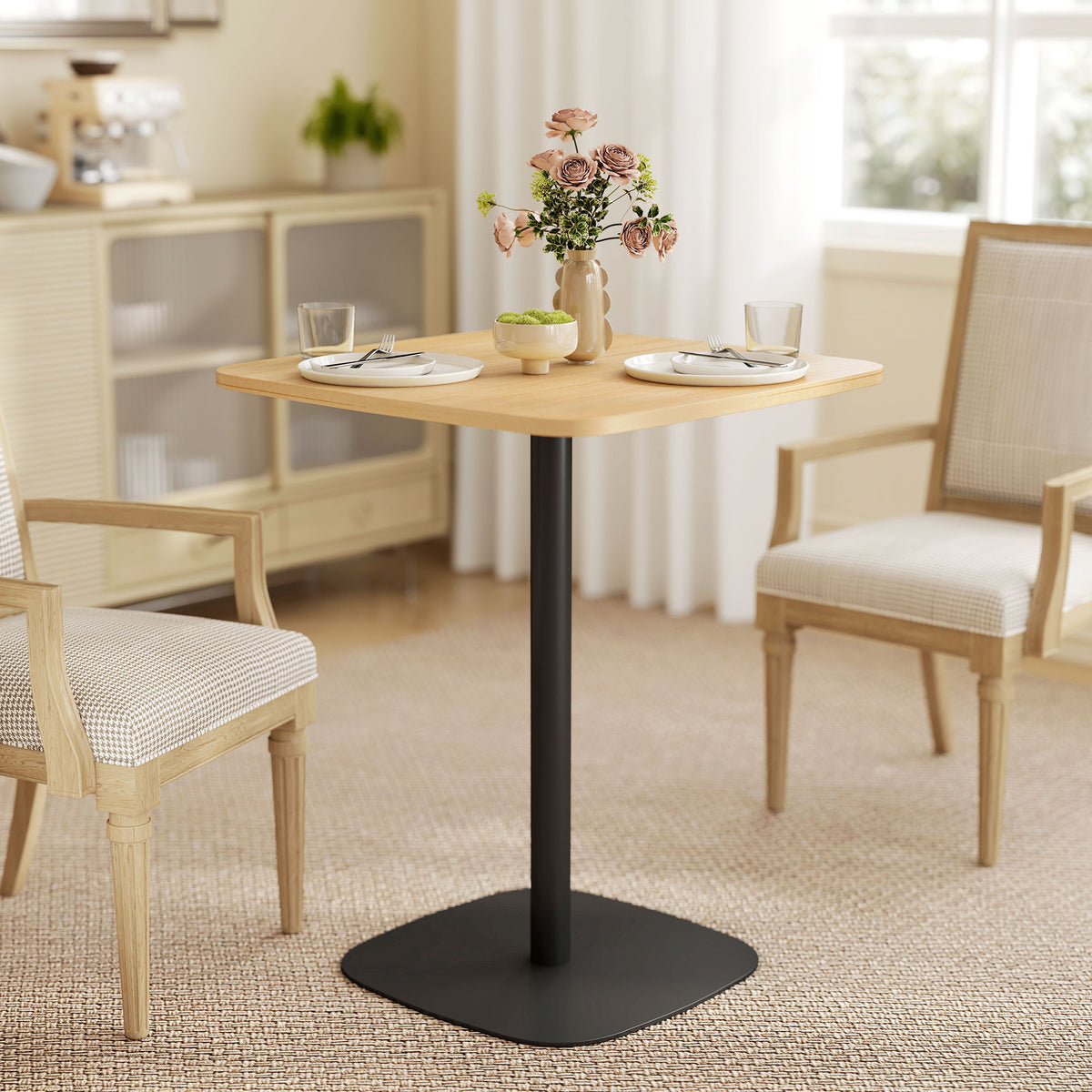 Kleiner Esstisch, 60 cm, quadratisch, MDF-Tischplatte, Stahlsockel, für Wohnzimmer, Esszimmer, Küche, Naturholz+Schwarz