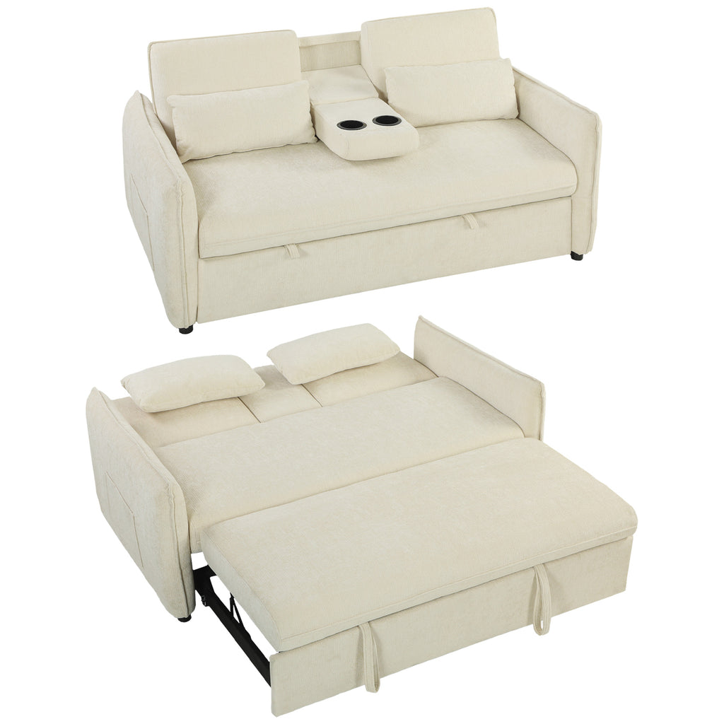 3-in-1 Verstellbares Schlafsofa, Zweisitzer mit Getränkehaltern, verstellbarer Rückenlehne und Seitentaschen, Beige