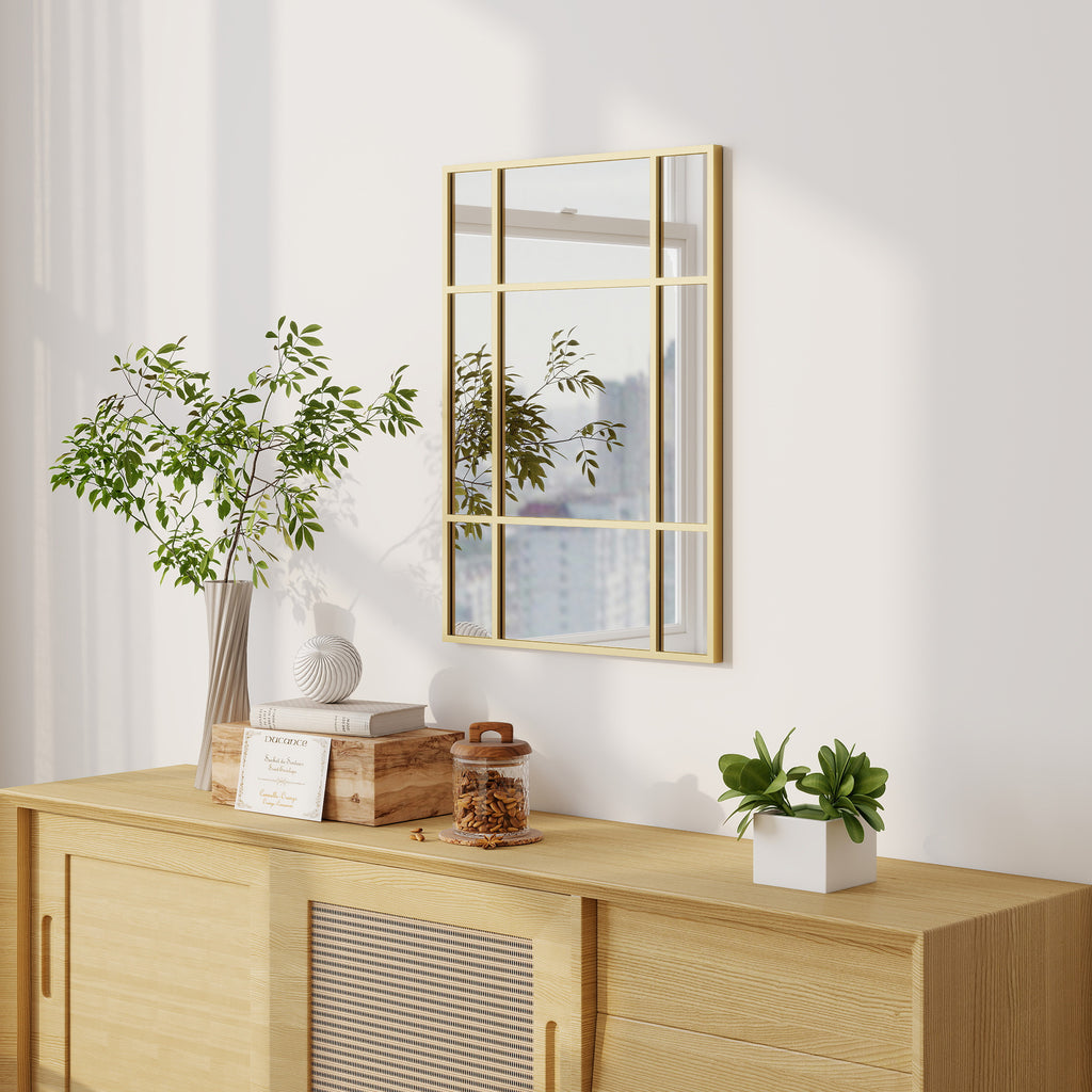 Wandspiegel, dekorativer Spiegel mit Metallrahmen, goldene Streifen, Mehrschichtglas, 50B x 2T x 70H cm