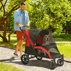 Foldable Pet Stroller for Medium Dogs with Four Big Wheels, Shock-Absorbing Frame, Safety Leashes, Brakes, Red/Black