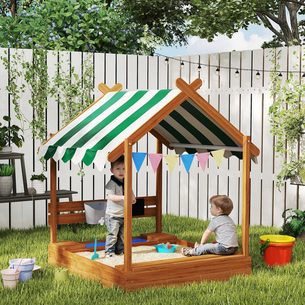 Sandkasten mit Sonnenschutz, Spielhaus-Design, mit Spielzeug-Set, behandeltes Massivholz, 124 x 116 x 146 cm, Grün