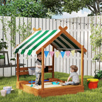 Sandkasten mit Sonnenschutz, Spielhaus-Design, mit Spielzeug-Set, behandeltes Massivholz, 124 x 116 x 146 cm, Grün