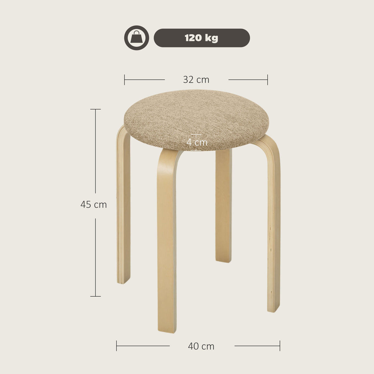 Polsterhocker im 4er-Set, stapelbar, lackierte Oberfläche, Holzbeine, Khaki