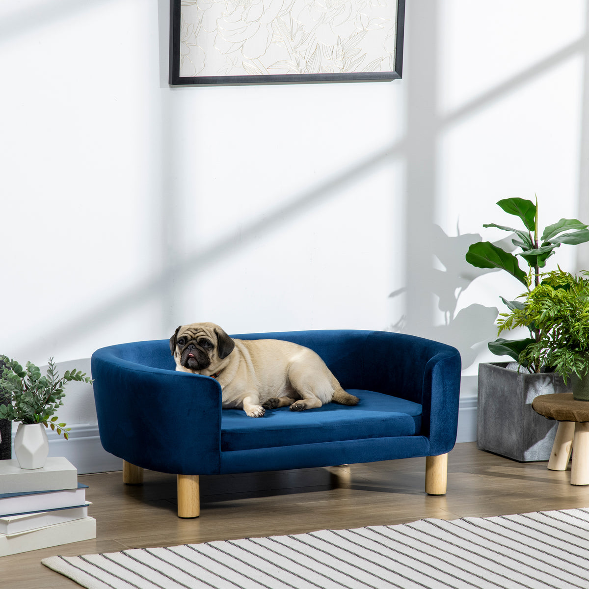 Hundesofa Hundebett aus holländischem Samt Hundecouch mit Rückenlehne, Holzbeine, Kissen Blau
