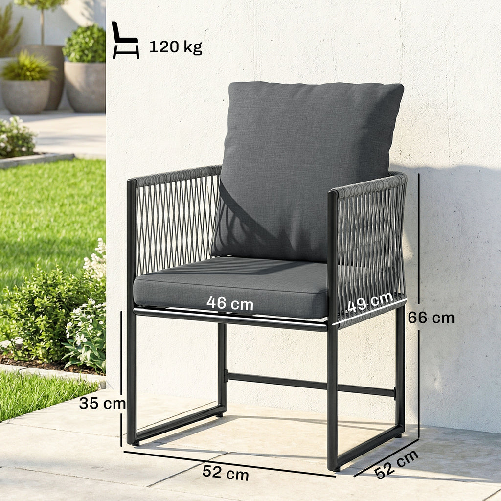 Gartenstuhl 2er Set wetterfest Gartenstühle aus Stahl PE-Rattan mit Kissen Armlehne Rückenlehne 52x52x66 cm Dunkelgrau