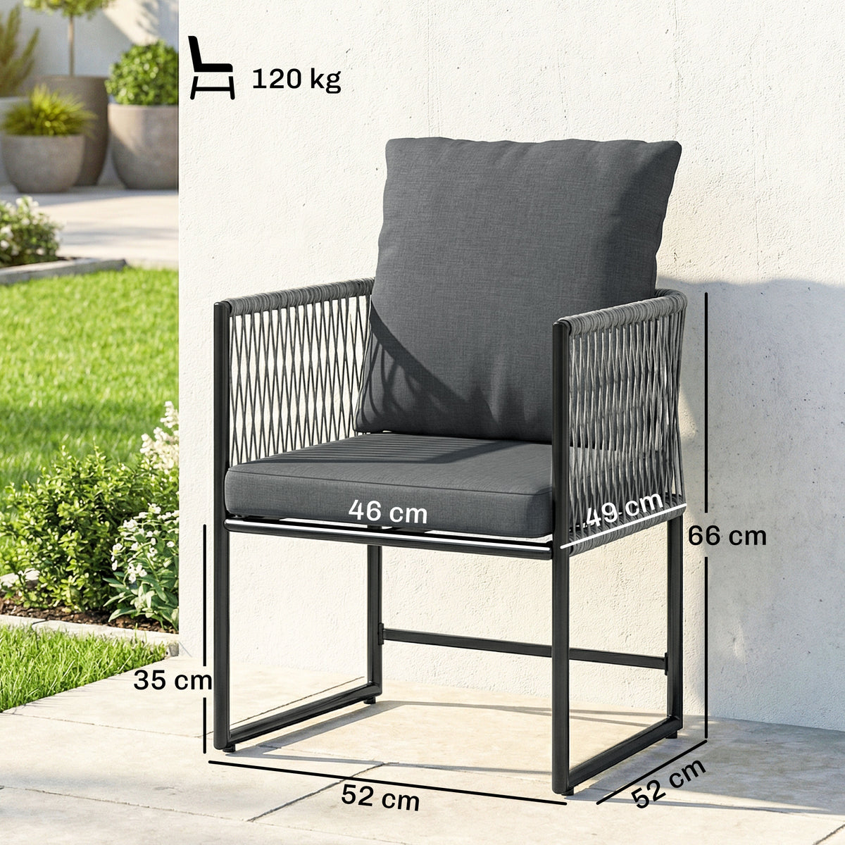 Gartenstuhl 2er Set wetterfest Gartenstühle aus Stahl PE-Rattan mit Kissen Armlehne Rückenlehne 52x52x66 cm Dunkelgrau